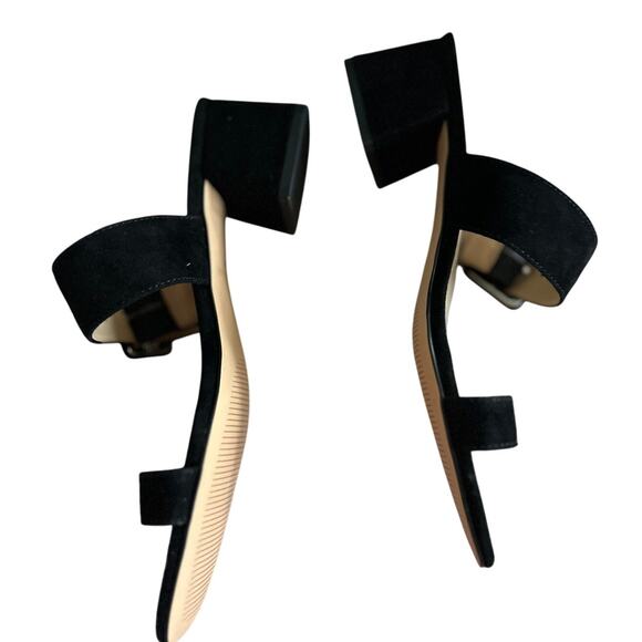 Ann Taylor Black Suede Low Chunky Heel Buckle Square Toe Sandal - Picture 3 of 5